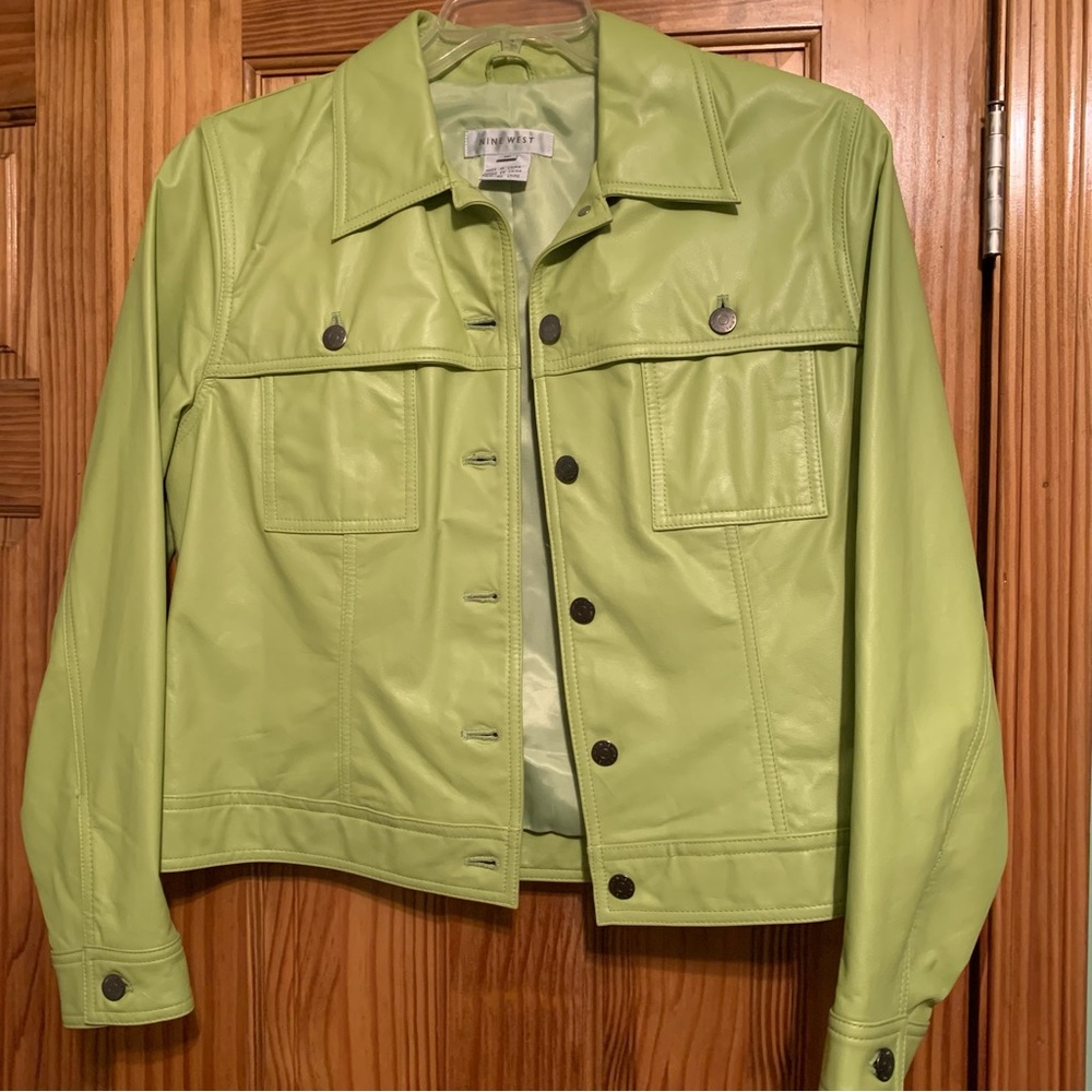 Leather jacket mint green like new. Size 10. Smoke free home.